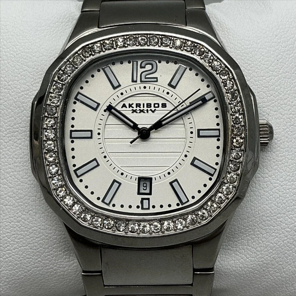 Akribos XXIV AK550SS7 Mens Watch 41mm Silver Tone Crystals Steel New Battery 6